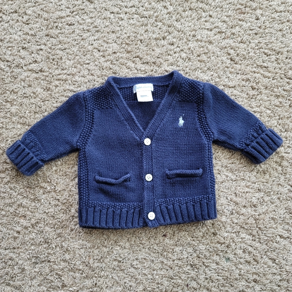 Ralph Lauren Navy Blue Knit Cardigan with White Pony